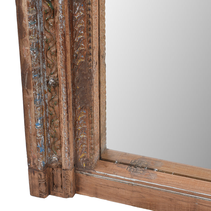 Frame Carving And Base Detail From Antique Indian Teak Mirror With Carved Ganesh And Floral Motifs