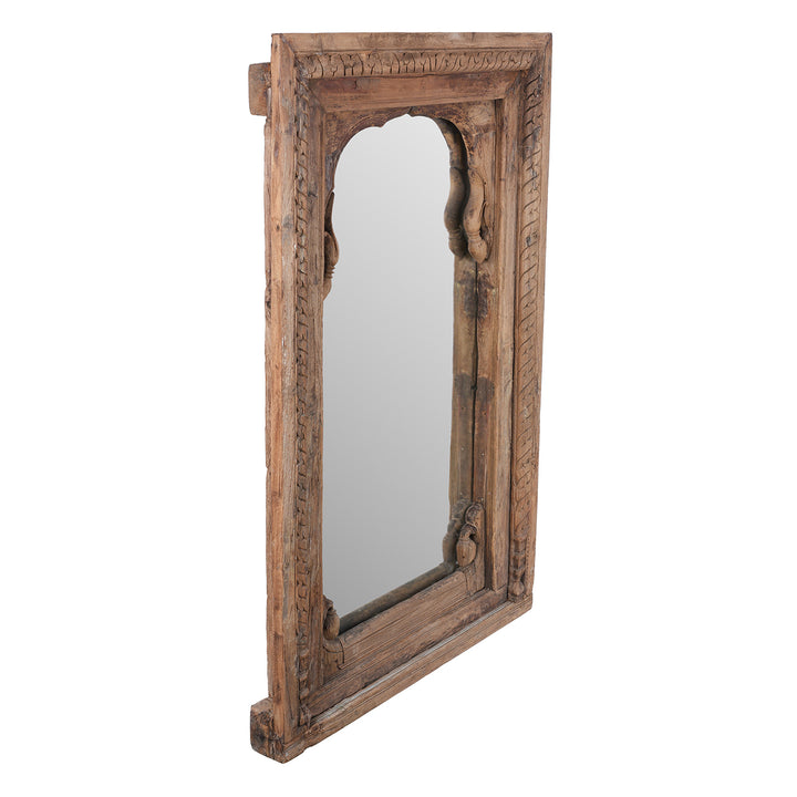 Angled View Of Carved Roheda Wood Mirror From Shekhawati Rajasthan With Mughal Arch And Floral Detailing