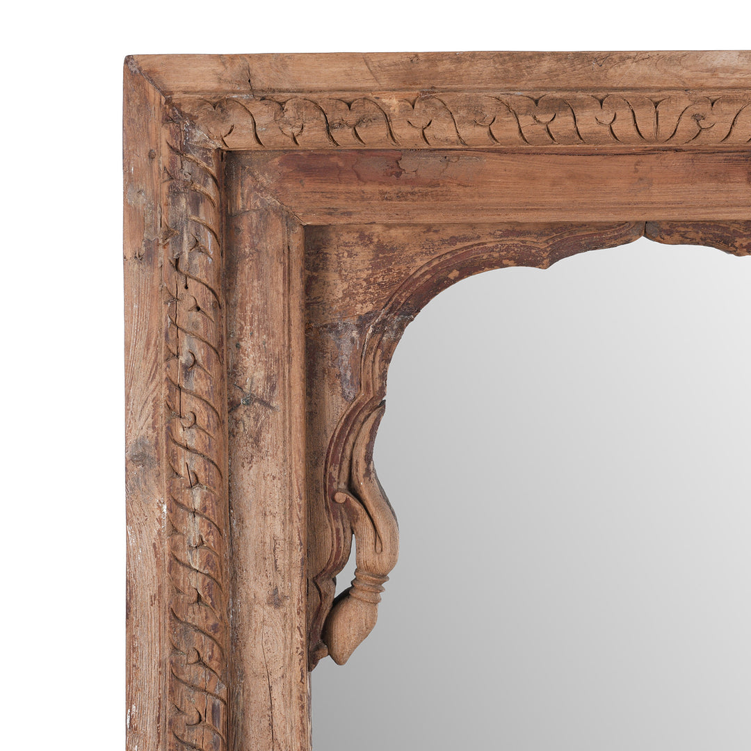 Corner Detail From Carved Roheda Wood Mirror From Shekhawati Rajasthan With Mughal Arch And Floral Detailing
