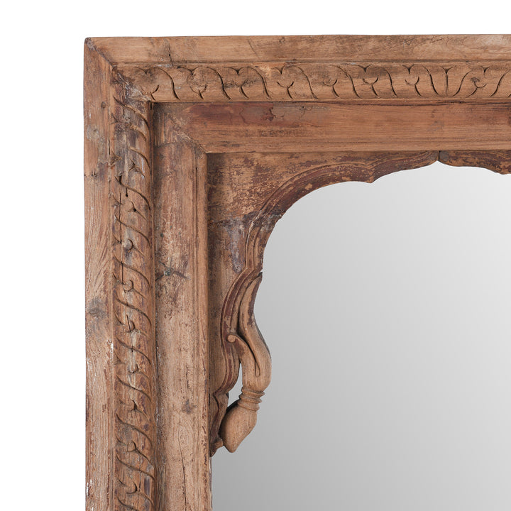 Corner Detail From Carved Roheda Wood Mirror From Shekhawati Rajasthan With Mughal Arch And Floral Detailing
