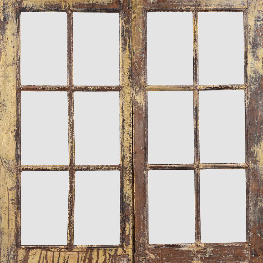 Yellow Painted Indian Door From Gujarat With Distressed Original Paint And Glass Panels