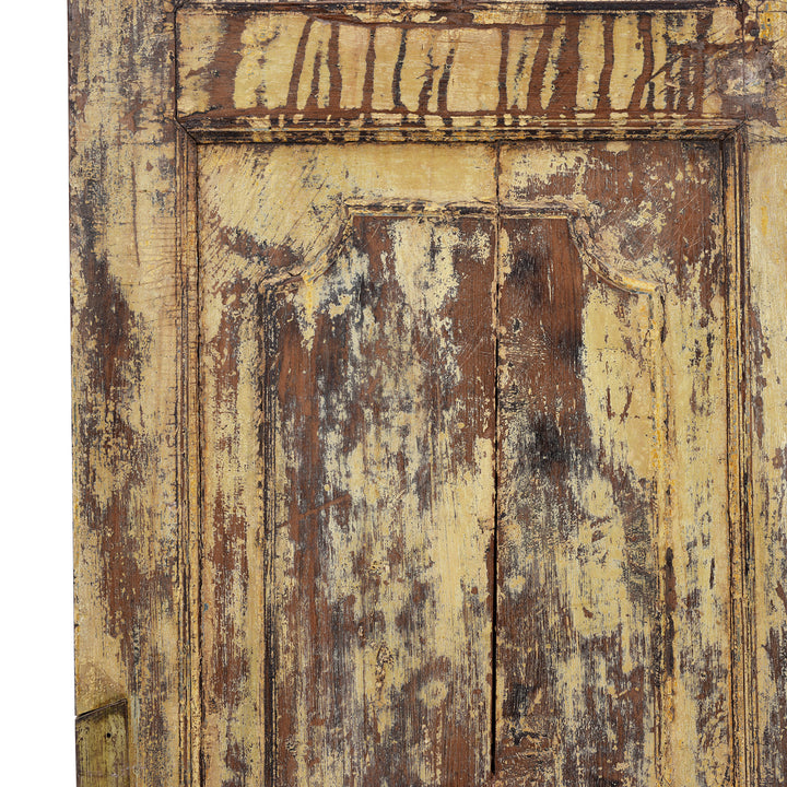 Detail From Yellow Painted Indian Door From Gujarat With Distressed Original Paint And Glass Panels
