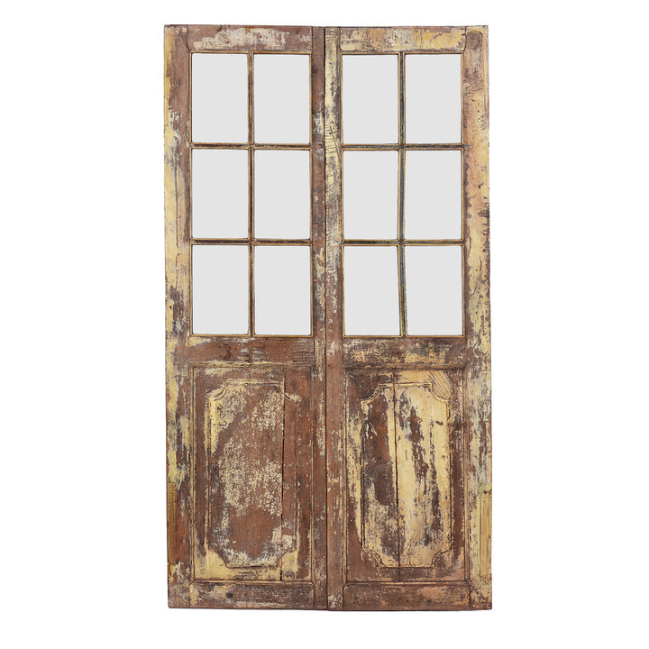 Back Of Yellow Painted Indian Door From Gujarat With Distressed Original Paint And Glass Panels