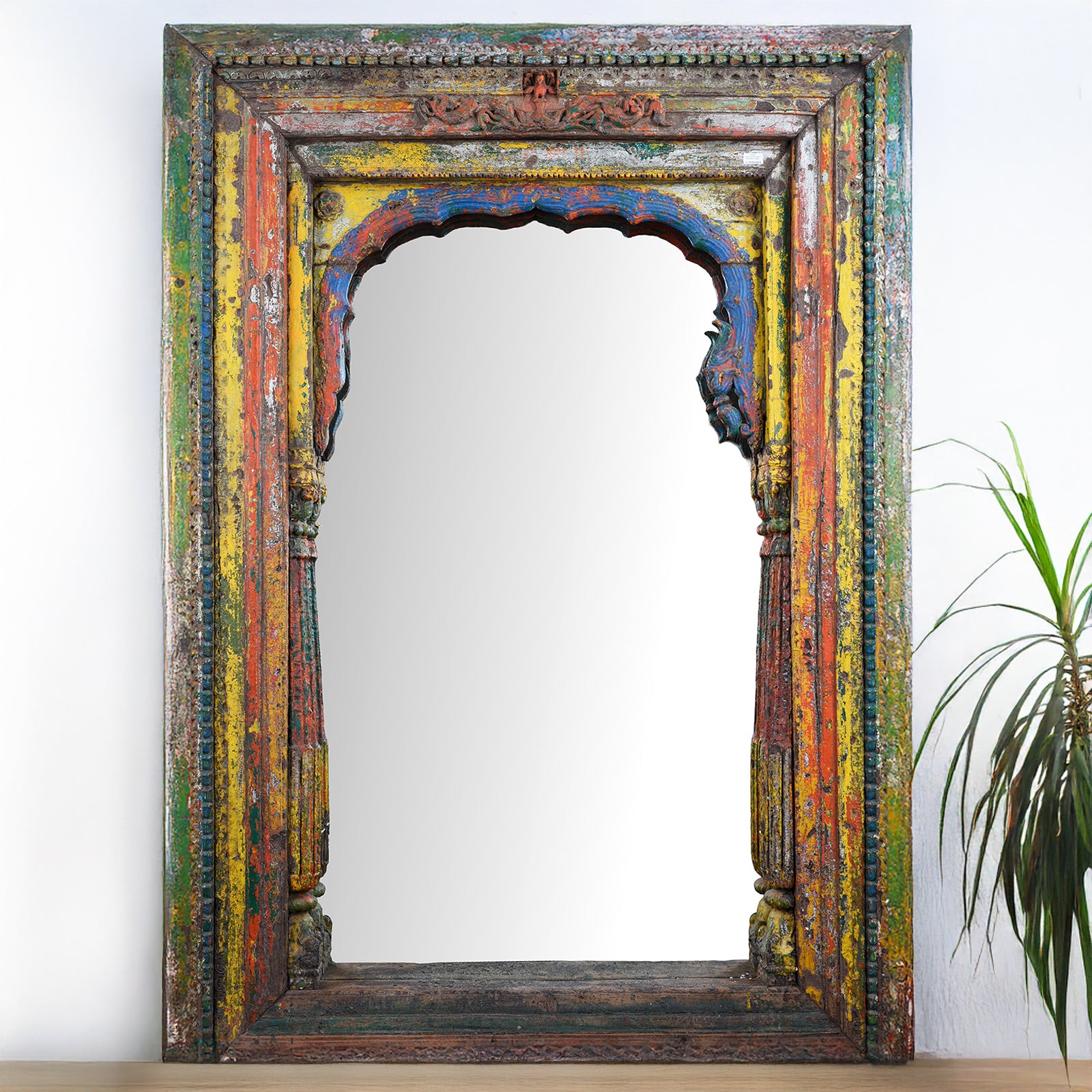 Lifestyle Of Antique Teak Mirror With Carved Pillars And Mughal Arch From Andhra Pradesh India