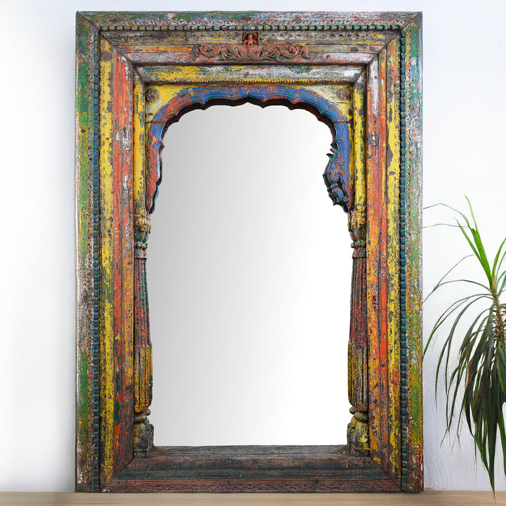 Lifestyle Of Antique Teak Mirror With Carved Pillars And Mughal Arch From Andhra Pradesh India