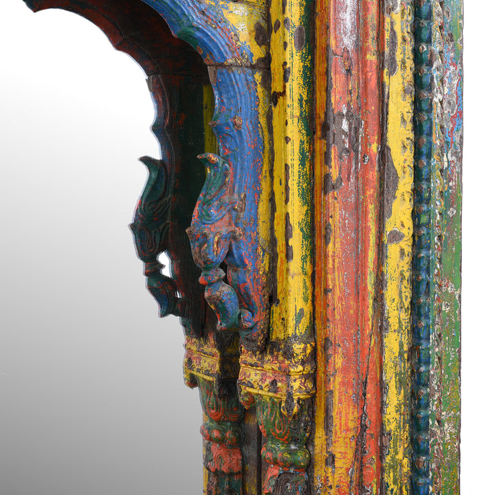 Paintwork And Arch Carving Detail From Antique Teak Mirror With Carved Pillars And Mughal Arch From Andhra Pradesh India