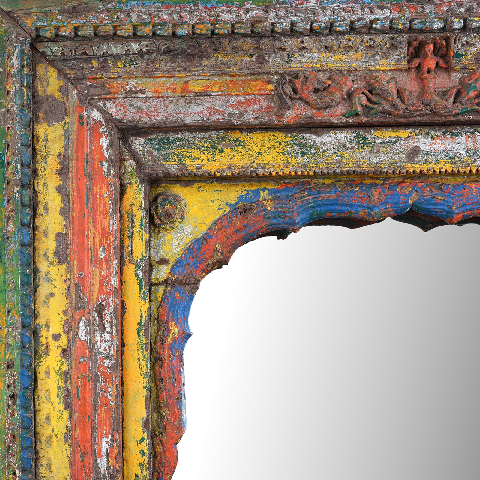 Corner Carving And Paintwork Detail From Antique Teak Mirror With Carved Pillars And Mughal Arch From Andhra Pradesh India