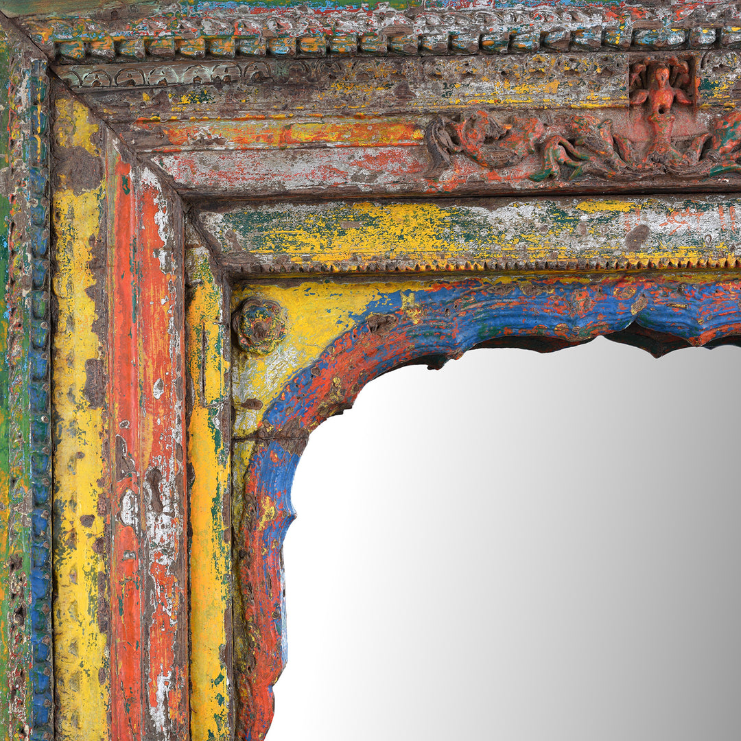 Corner Carving And Paintwork Detail From Antique Teak Mirror With Carved Pillars And Mughal Arch From Andhra Pradesh India