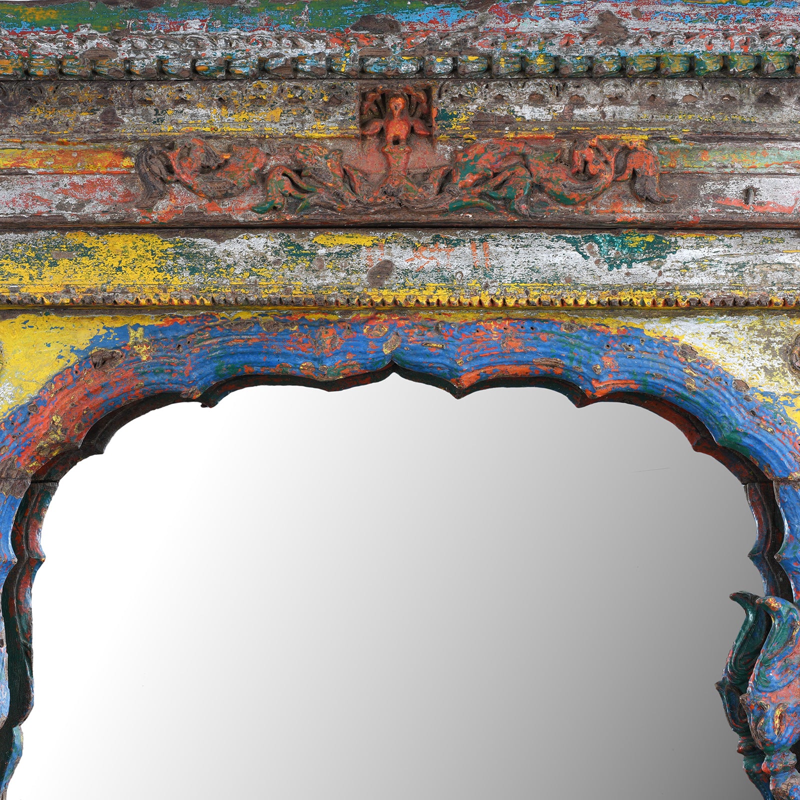 Central Carving Detail From Antique Teak Mirror With Carved Pillars And Mughal Arch From Andhra Pradesh India