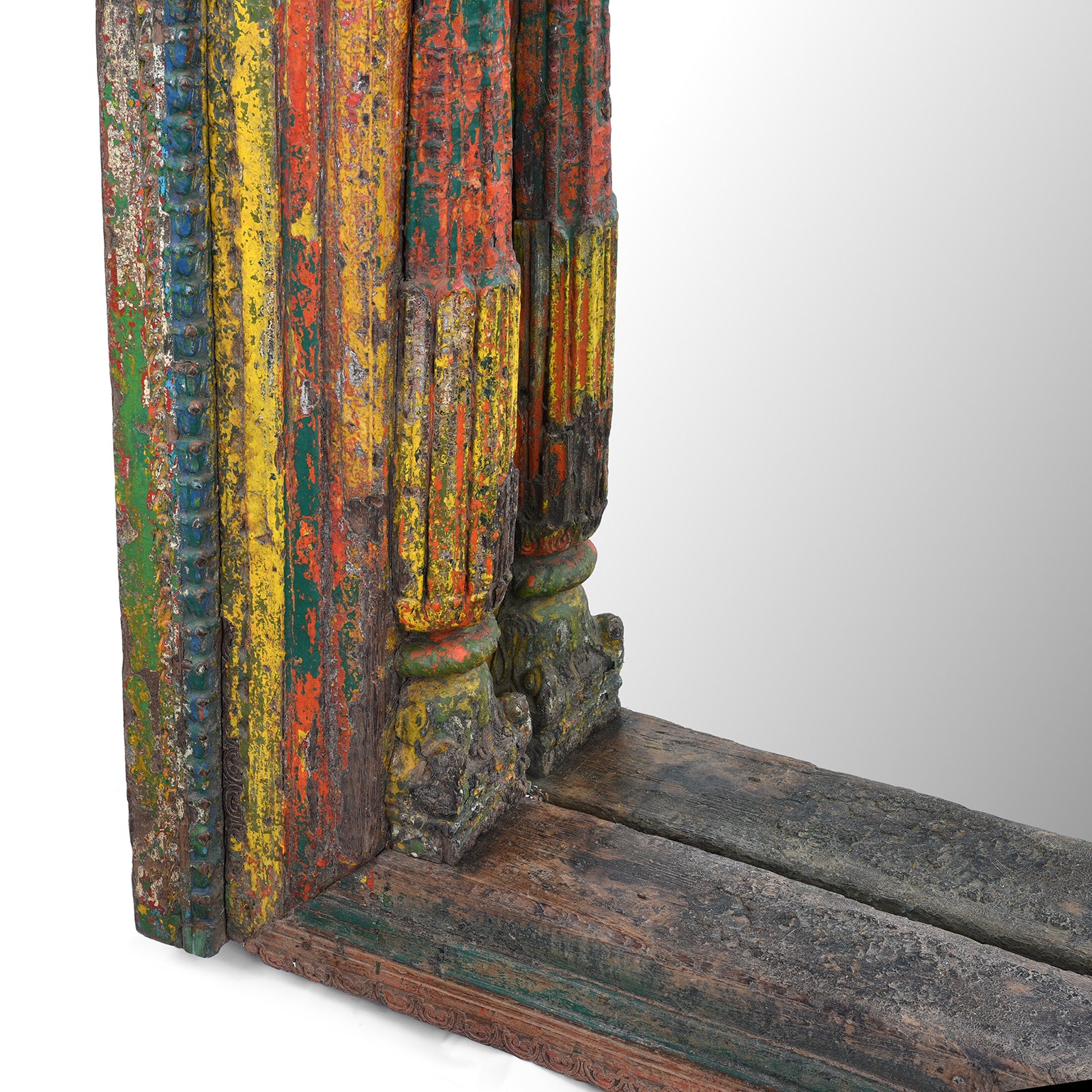 Corner Carving And Frame Depth Detail From Antique Teak Mirror With Carved Pillars And Mughal Arch From Andhra Pradesh India