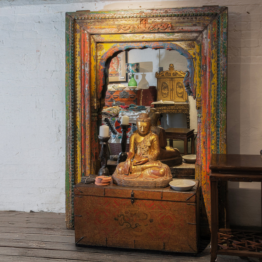 Lifestyle Of Antique Teak Mirror With Carved Pillars And Mughal Arch From Andhra Pradesh India