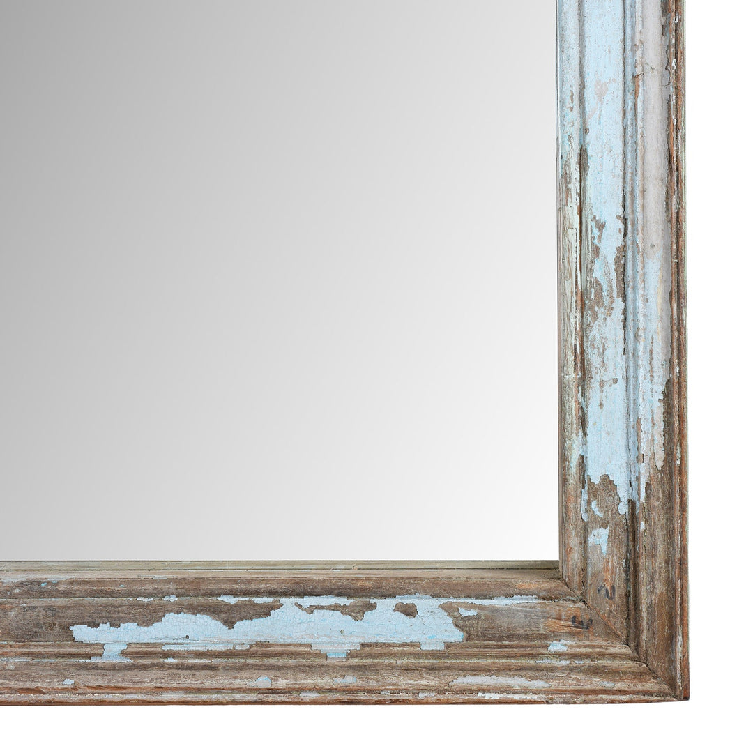 Corner Detail From Blue Painted Mirror Made From Reclaimed Teak | Indigo Antiques