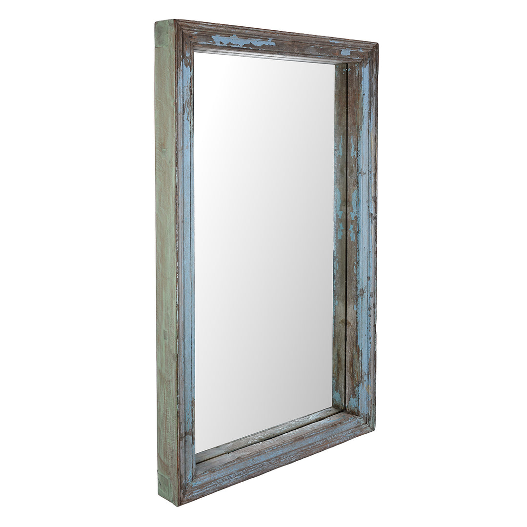 Angled View Of Blue Painted Mirror Made From Reclaimed Teak | Indigo Antiques