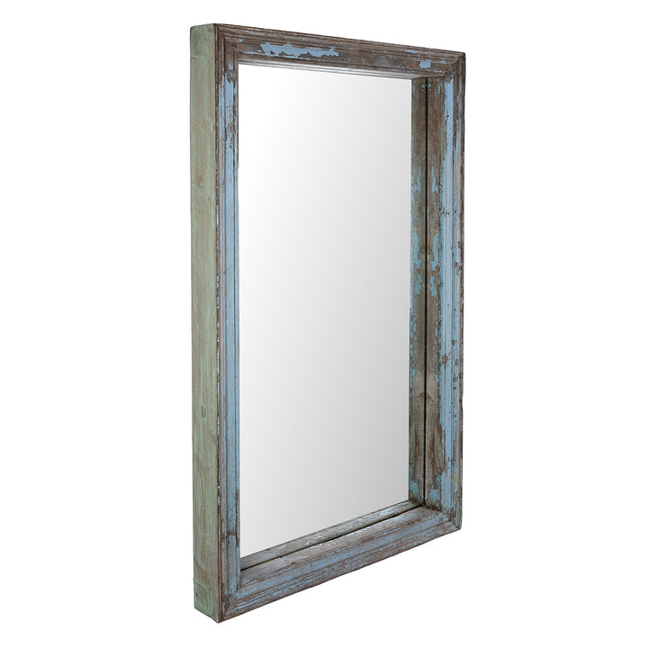 Angled View Of Blue Painted Mirror Made From Reclaimed Teak | Indigo Antiques