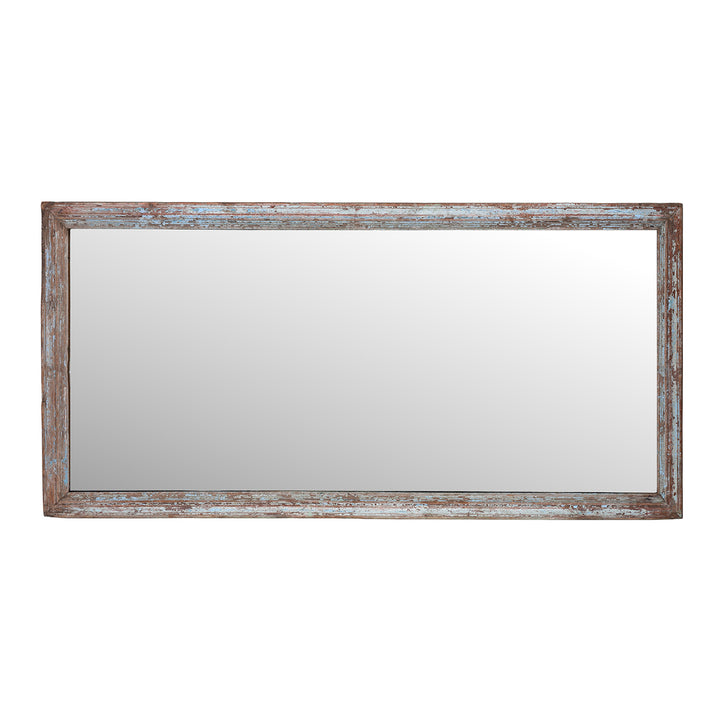 Landscape View Of Indian Mirror With Faded Blue Painted Reclaimed Teak Frame Suitable For Portrait Or Landscape Hanging | Indigo Antiques