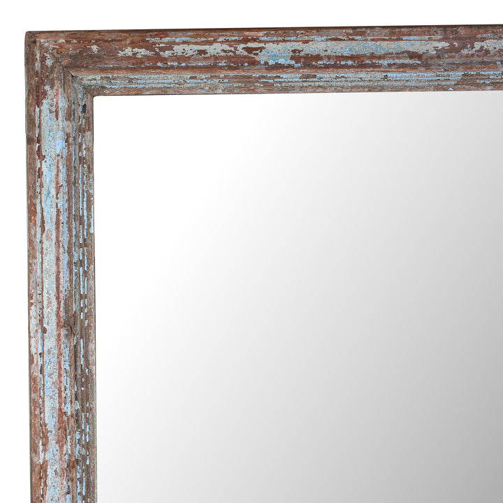 Corner Detail From Indian Mirror With Faded Blue Painted Reclaimed Teak Frame Suitable For Portrait Or Landscape Hanging | Indigo Antiques