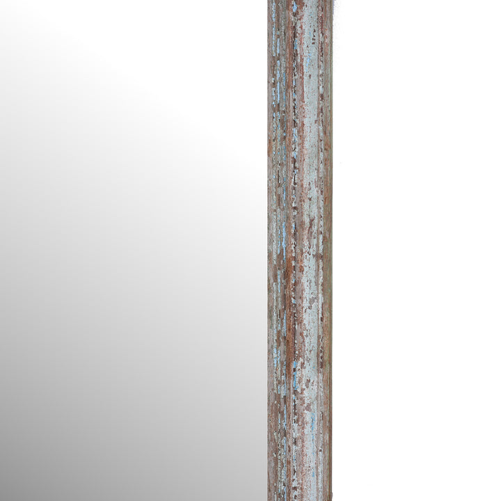 Frame Detail From Indian Mirror With Faded Blue Painted Reclaimed Teak Frame Suitable For Portrait Or Landscape Hanging | Indigo Antiques