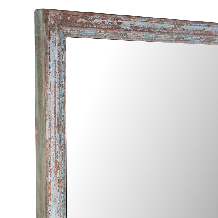 Depth Detail From Indian Mirror With Faded Blue Painted Reclaimed Teak Frame Suitable For Portrait Or Landscape Hanging | Indigo Antiques
