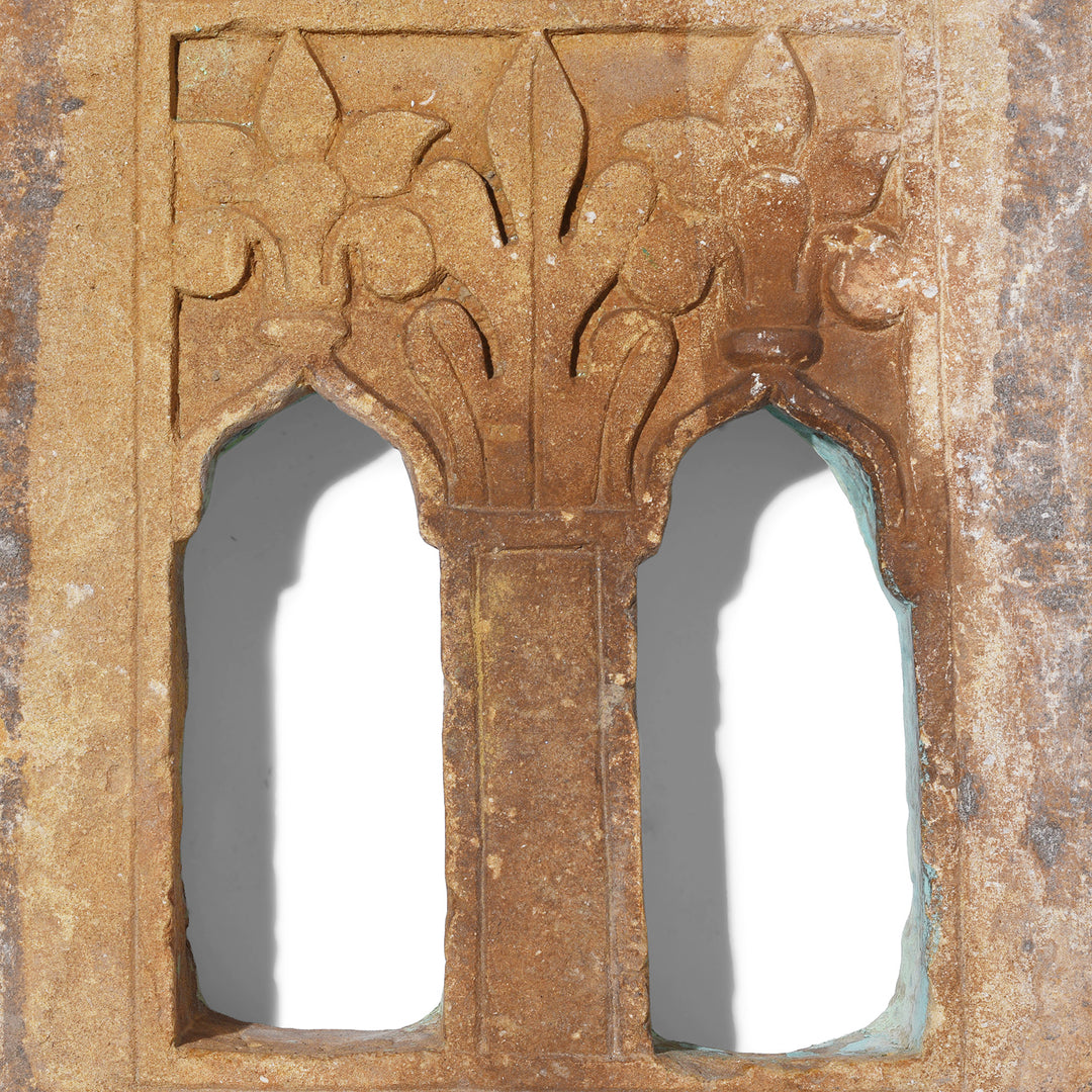 arving Detail From 19th Century Hand Carved Jaisalmer Stone Lamp Niche With Twin Mughal Arch Openings And Floral Detail