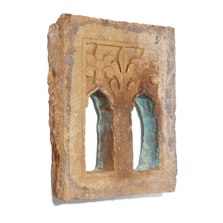 Angled VIew Of 19th Century Hand Carved Jaisalmer Stone Lamp Niche With Twin Mughal Arch Openings And Floral Detail