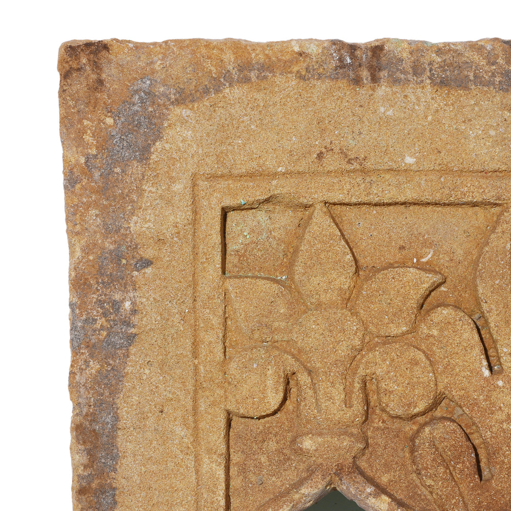 Corner Detail From 19th Century Hand Carved Jaisalmer Stone Lamp Niche With Twin Mughal Arch Openings And Floral Detail