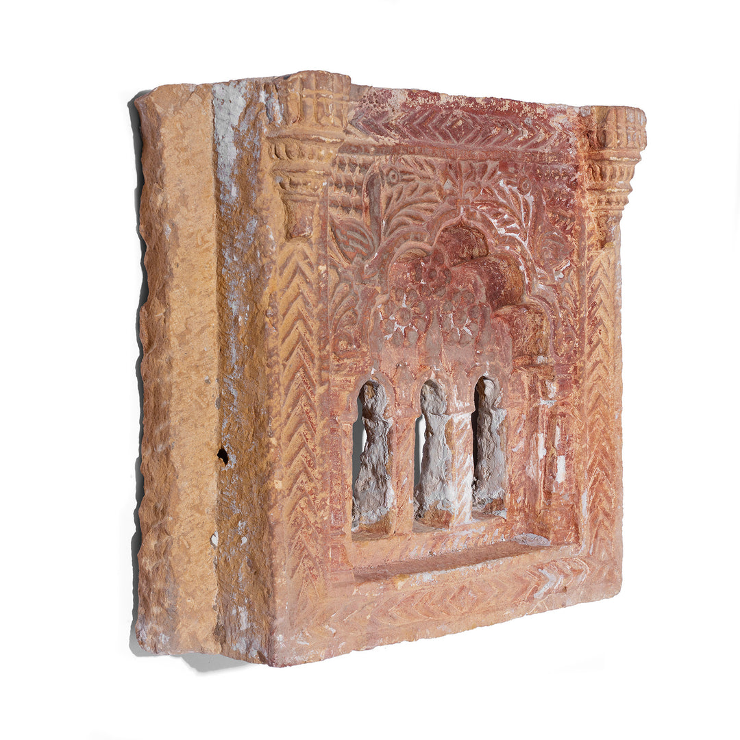Angled View Of Old 3 Way Stone Lamp Niche From Jaisalmer | Indigo Antiques