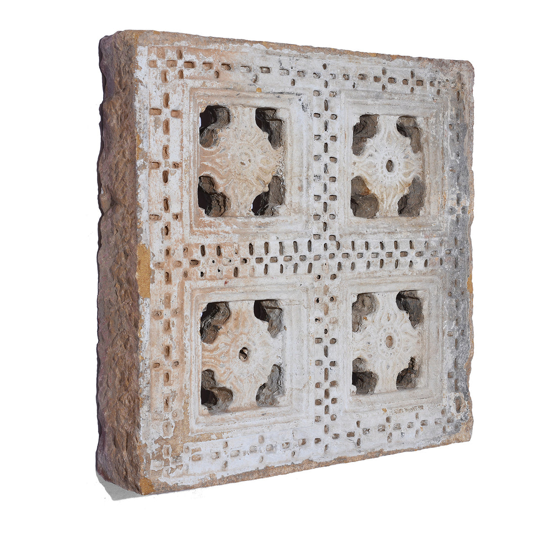 Angled View Of Antique Indian Painted Stone Panel | Indigo Antiques
