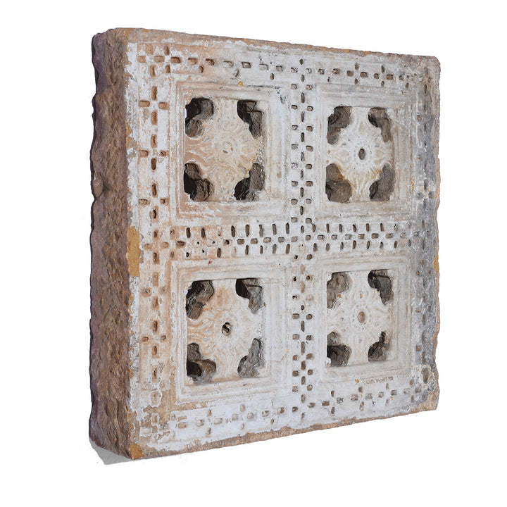 Angled View Of Antique Indian Painted Stone Panel | Indigo Antiques