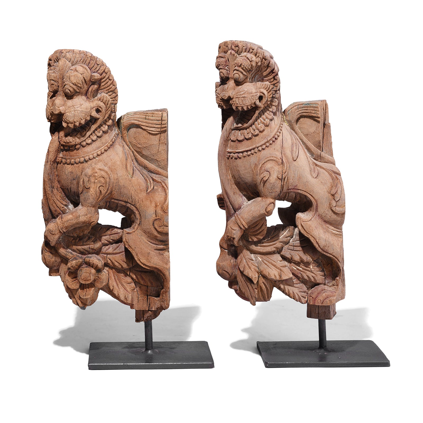 Antique Indian Carved Yali Figures On Stands | Indigo Antiques
