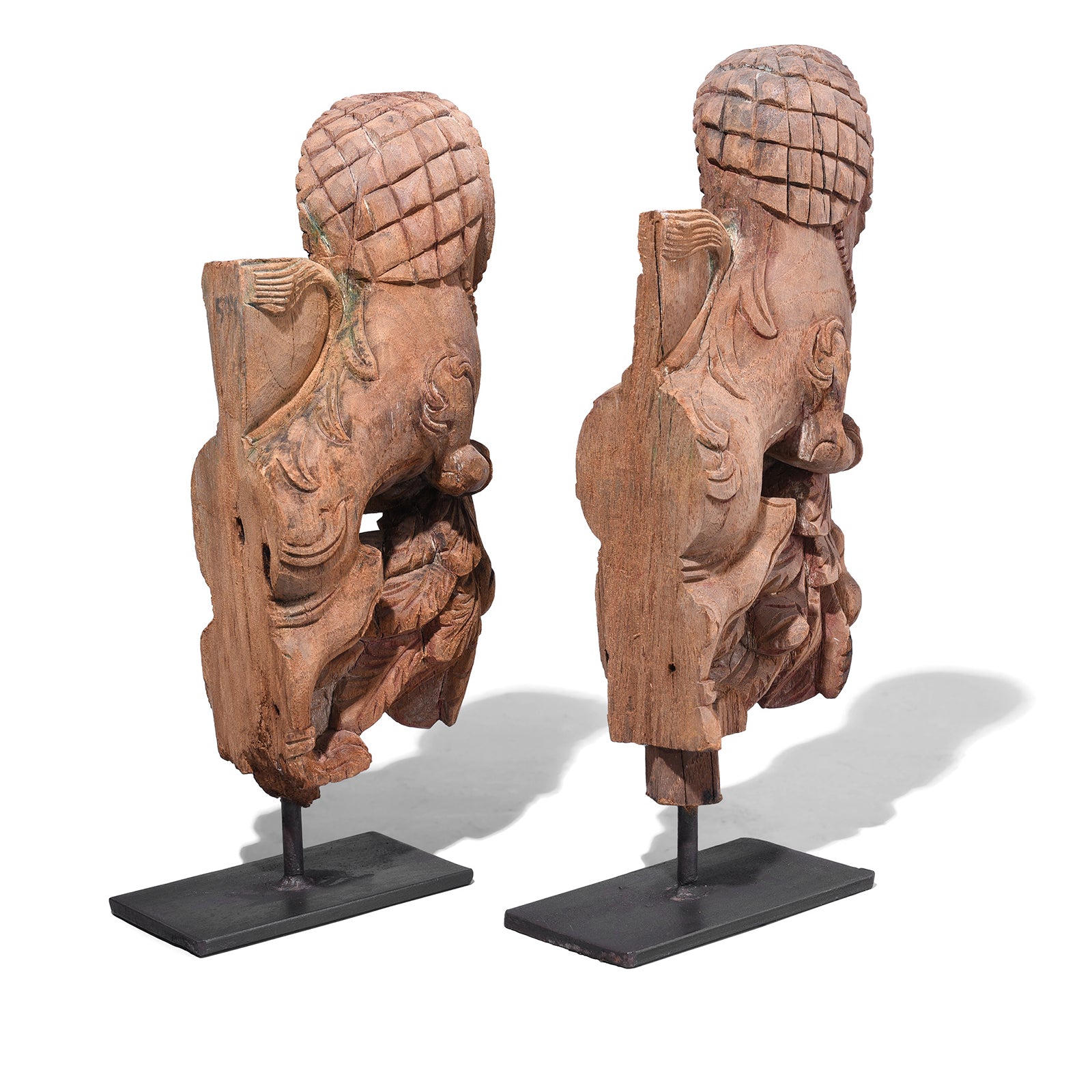 Rear View Of Antique Indian Carved Yali Figures On Stands | Indigo Antiques