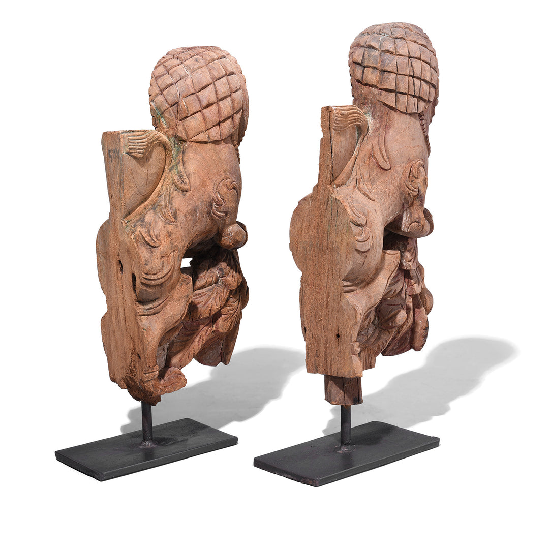 Rear View Of Antique Indian Carved Yali Figures On Stands | Indigo Antiques