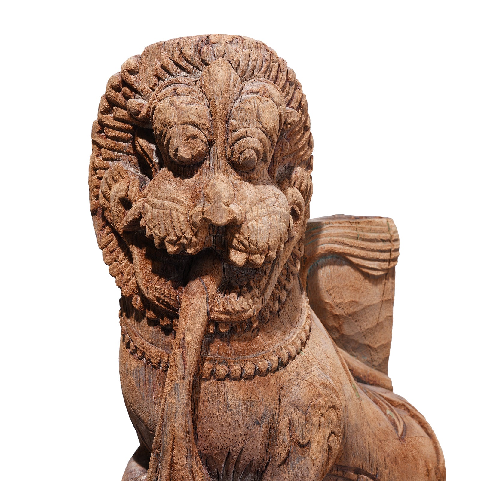 Face Detail From Antique Indian Carved Yali Figures On Stands | Indigo Antiques