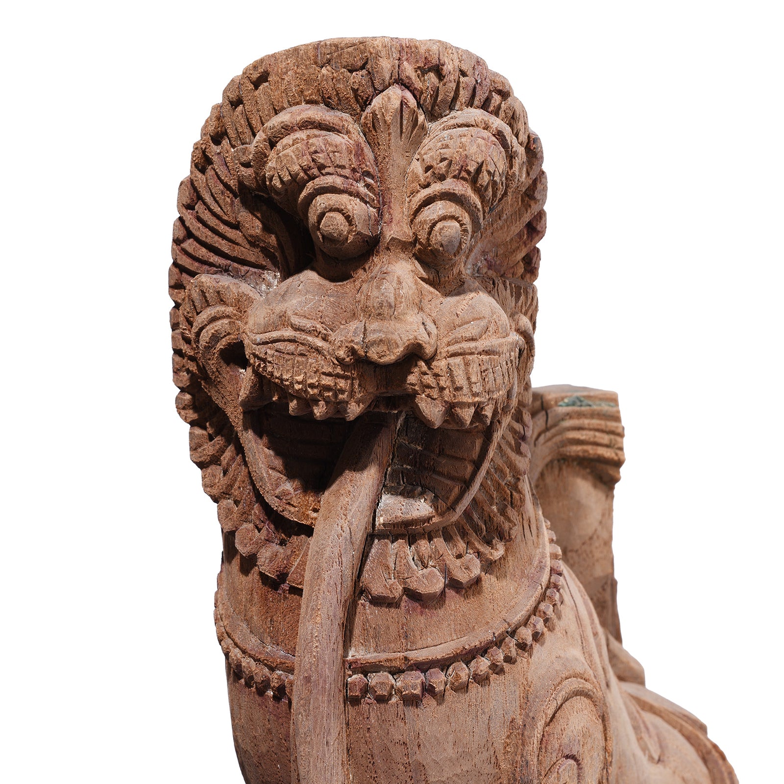 Face Detail From Antique Indian Carved Yali Figures On Stands | Indigo Antiques 