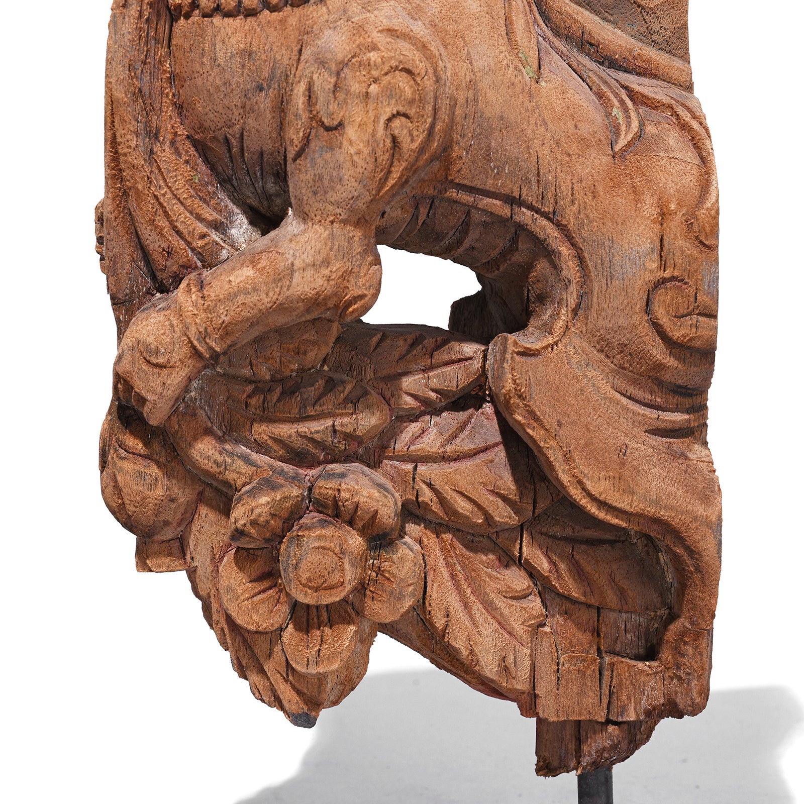 Carving Detail from Antique Indian Carved Yali Figures On Stands | Indigo Antiques