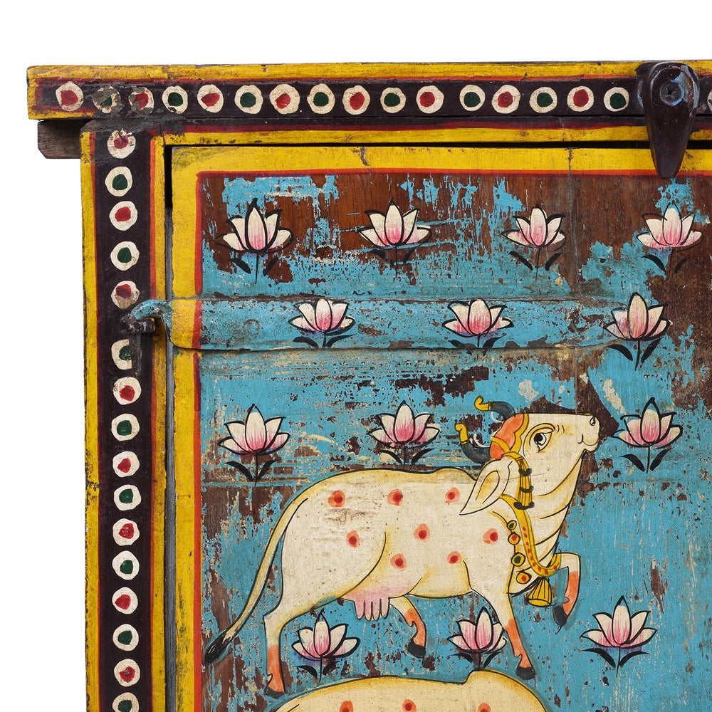 Corner Detail From Hand Painted Indian Nandi Window Shutters With Lotus Motifs And Distressed Turquoise Finish | Indigo Antiques