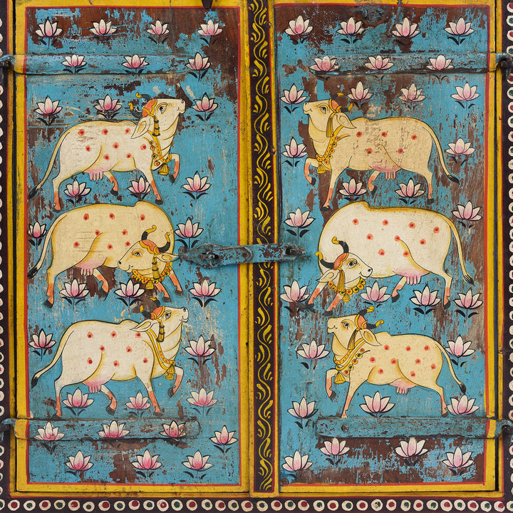 Detail From Hand Painted Indian Nandi Window Shutters With Lotus Motifs And Distressed Turquoise Finish | Indigo Antiques