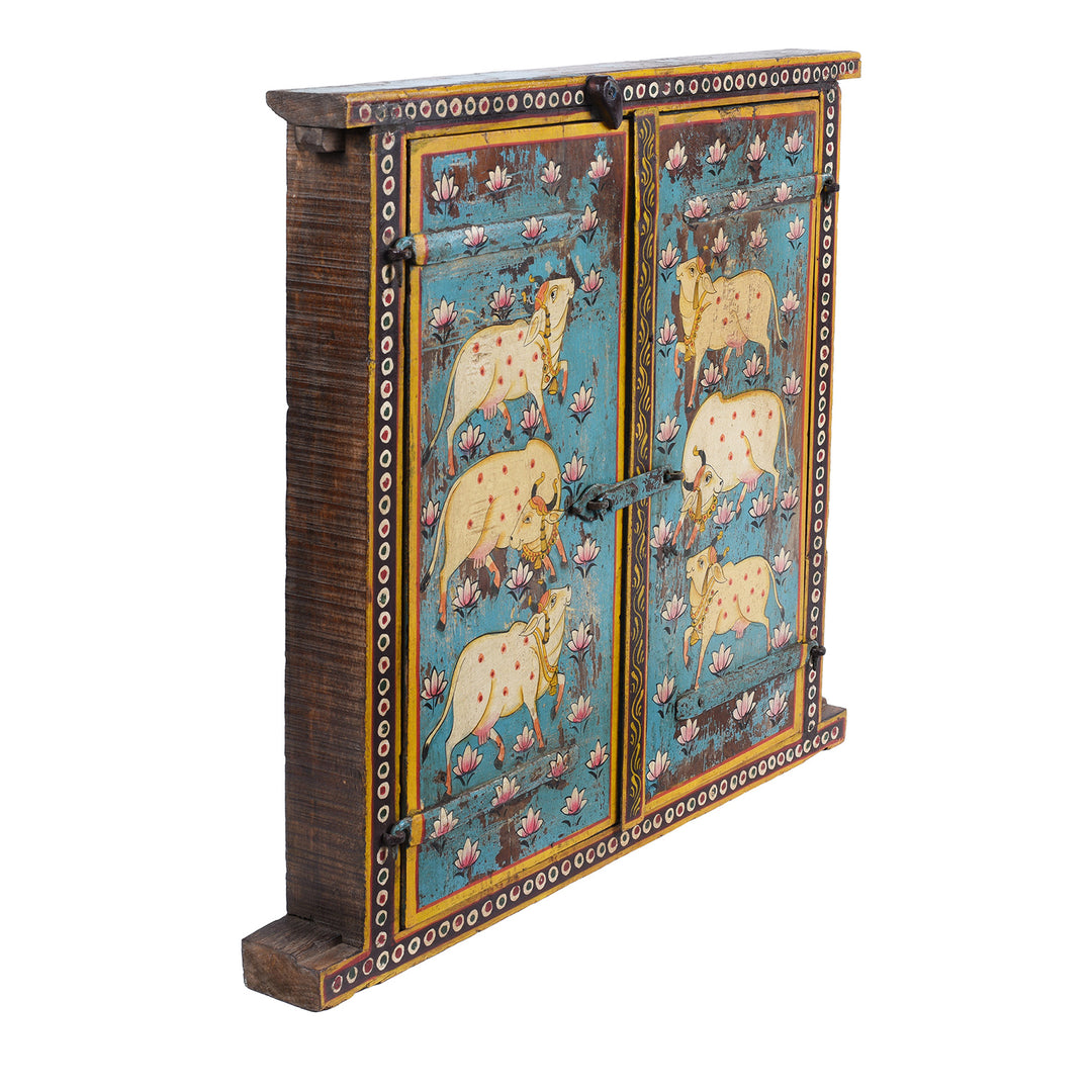 Angled VIew Of Hand Painted Indian Nandi Window Shutters With Lotus Motifs And Distressed Turquoise Finish | Indigo Antiques