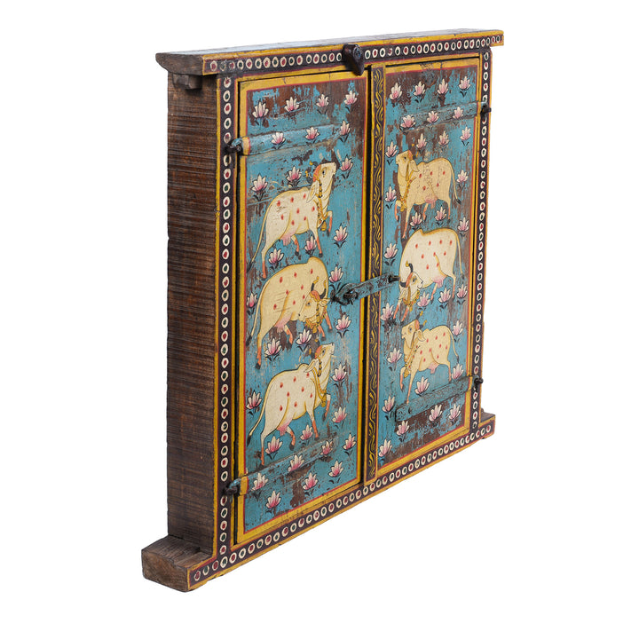 Angled VIew Of Hand Painted Indian Nandi Window Shutters With Lotus Motifs And Distressed Turquoise Finish | Indigo Antiques
