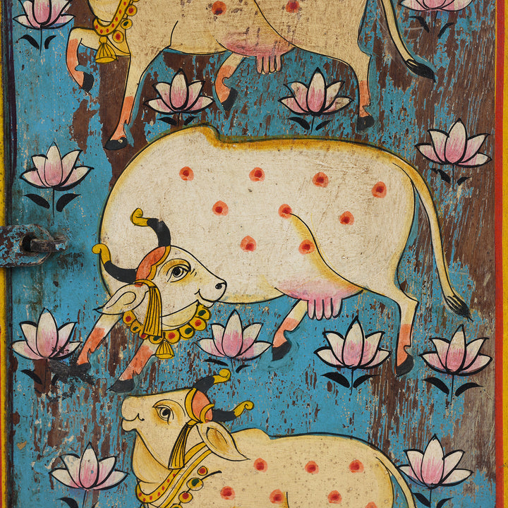 Nandi Detail From Hand Painted Indian Nandi Window Shutters With Lotus Motifs And Distressed Turquoise Finish | Indigo Antiques