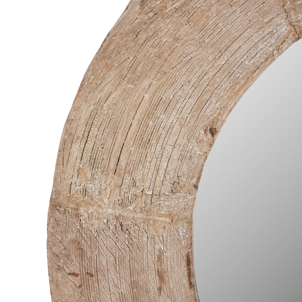 Frame Detail From Bleached Reclaimed Wood Indian Round Mirror With Wide Textured Circular Frame | Indigo Antiques