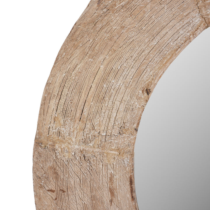 Frame Detail From Bleached Reclaimed Wood Indian Round Mirror With Wide Textured Circular Frame | Indigo Antiques