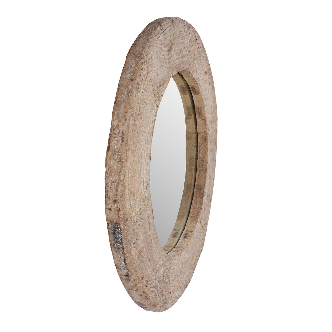 Angled VIew Of Bleached Reclaimed Wood Indian Round Mirror With Wide Textured Circular Frame | Indigo Antiques