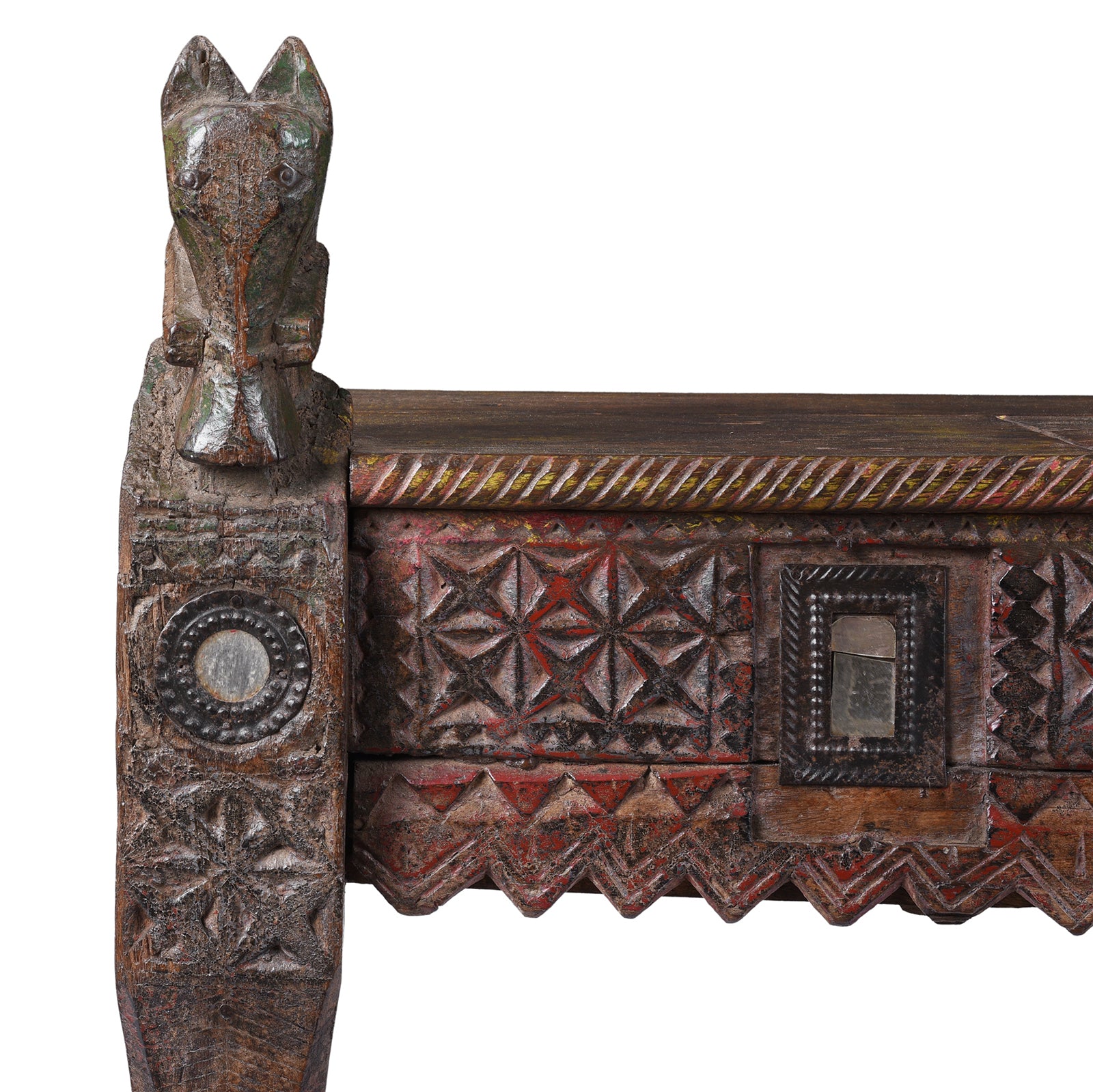 Horse Head Detail From 19th Century Kutch Parinda Table With Carved Horse Heads And Mirror Inlay