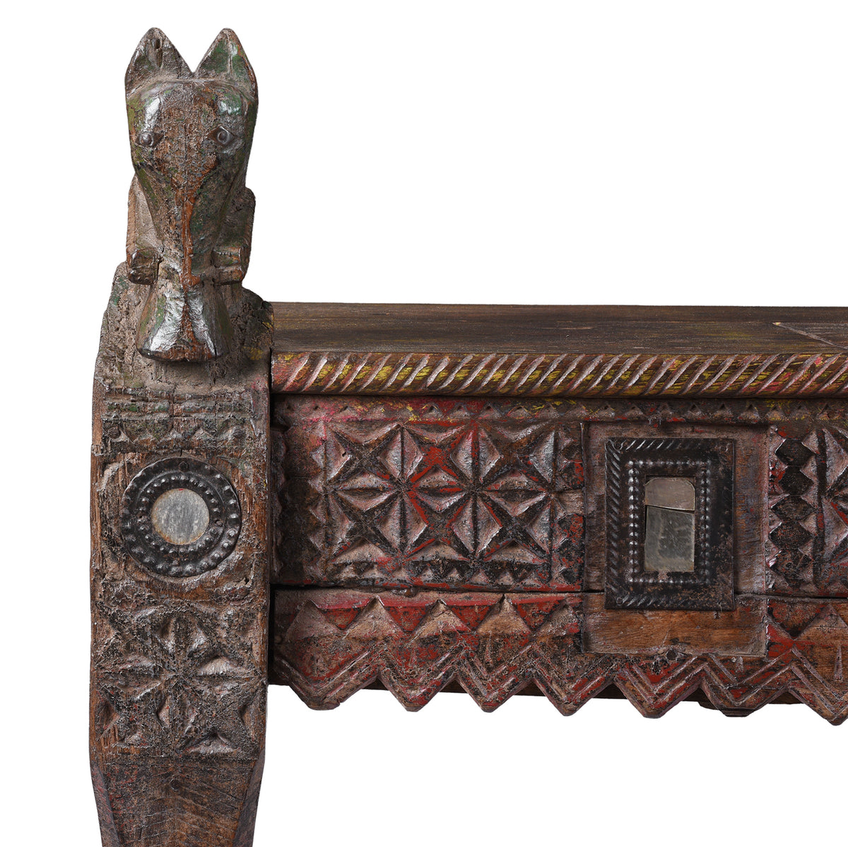 Horse Head Detail From 19th Century Kutch Parinda Table With Carved Horse Heads And Mirror Inlay