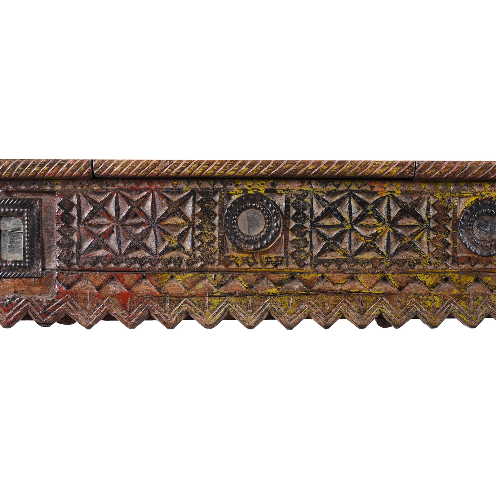 Carving Detail From 19th Century Kutch Parinda Table With Carved Horse Heads And Mirror Inlay