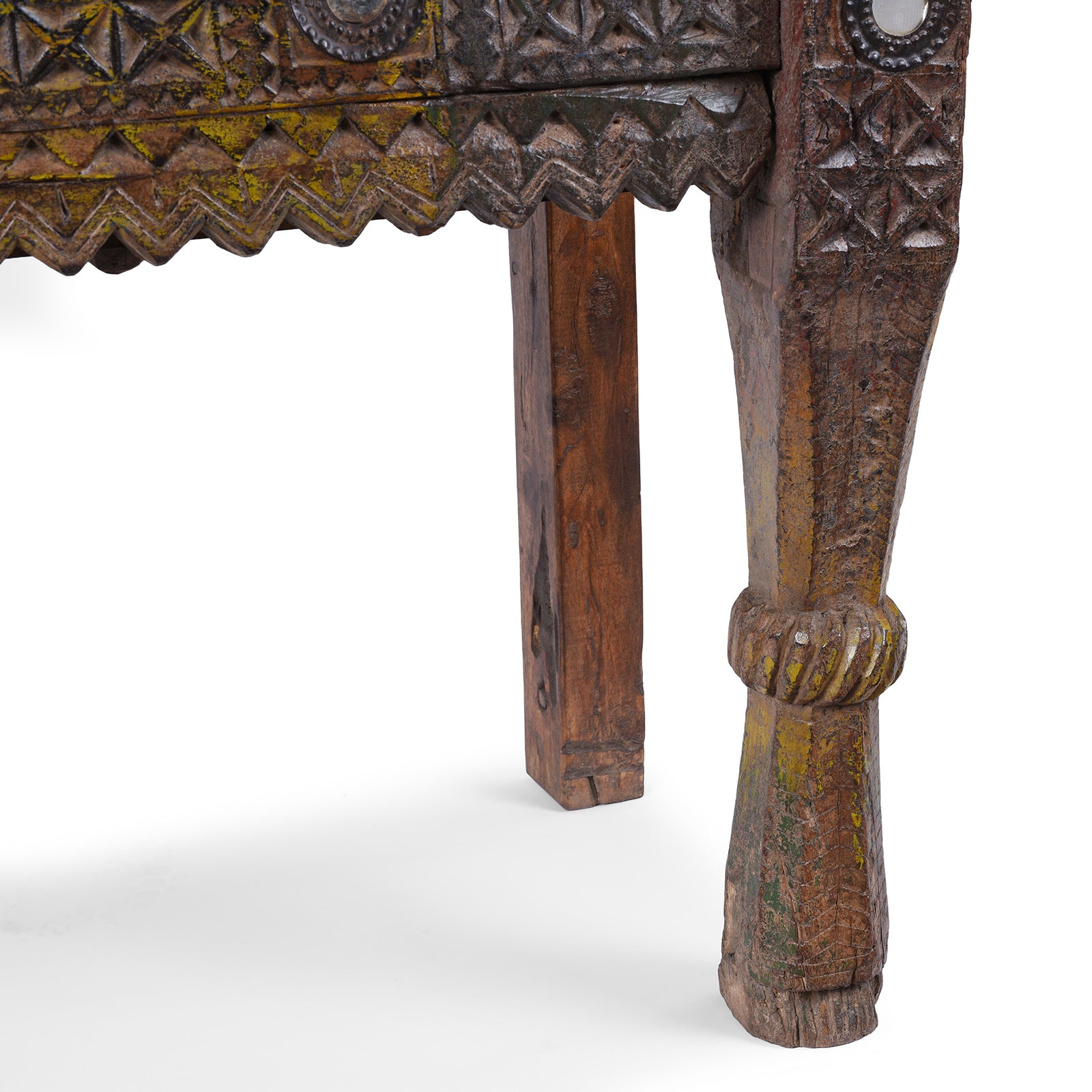Leg Detail From 19th Century Kutch Parinda Table With Carved Horse Heads And Mirror Inlay