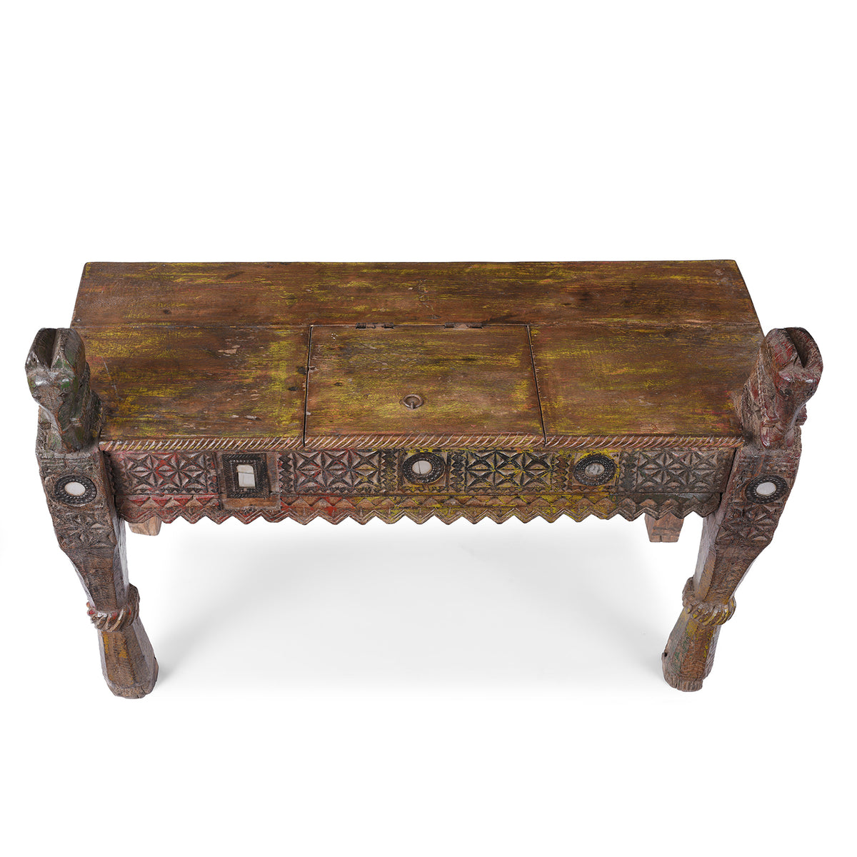 Top Down View Of 19th Century Kutch Parinda Table With Carved Horse Heads And Mirror Inlay