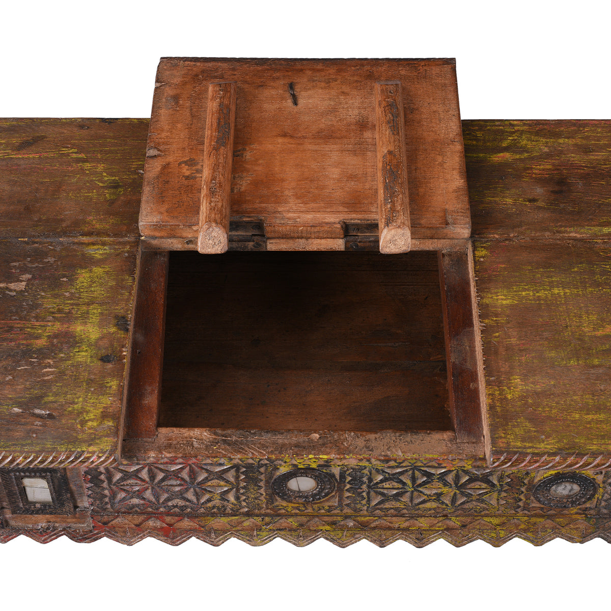 Hatch Detai From 19th Century Kutch Parinda Table With Carved Horse Heads And Mirror Inlay