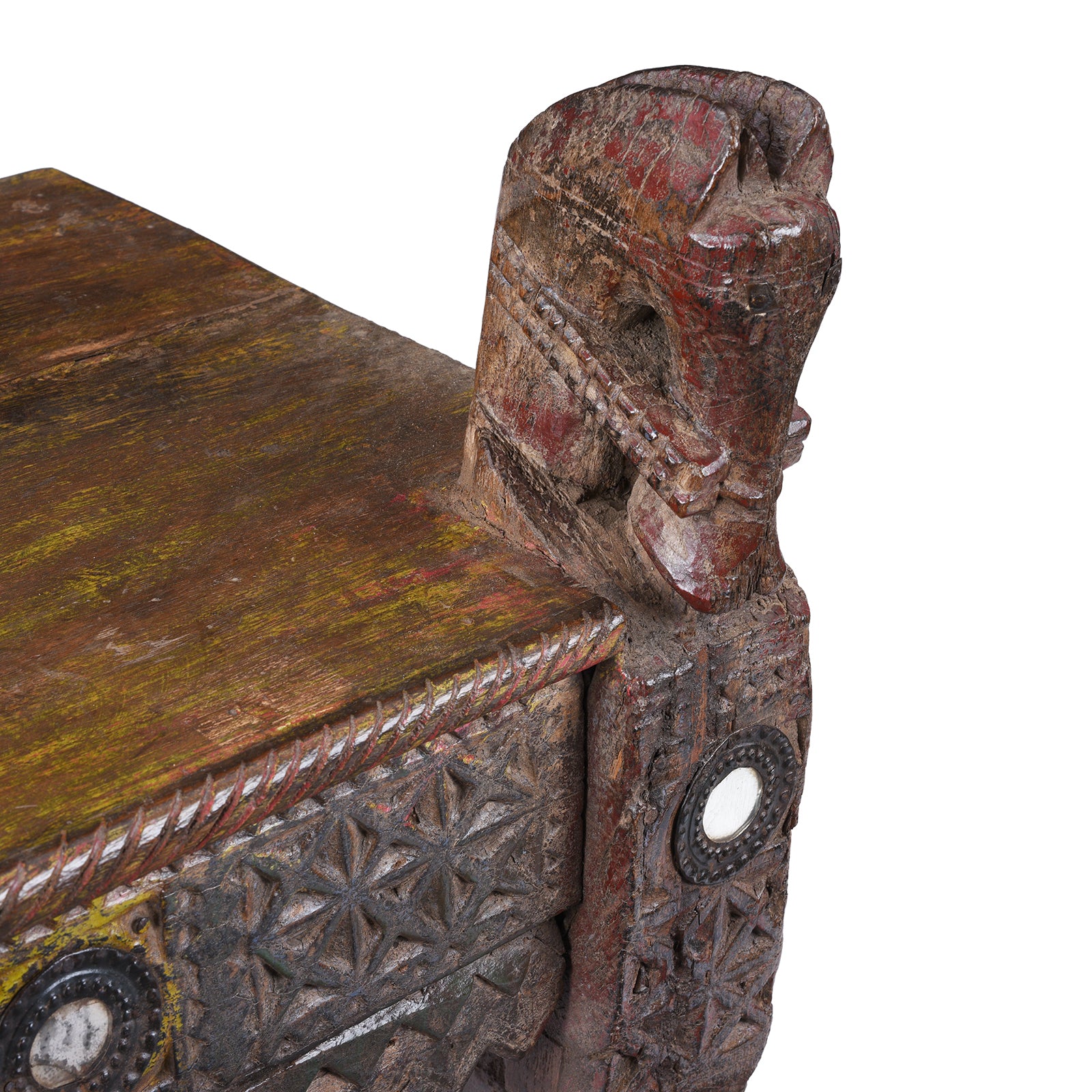 Horse Head Detial From 19th Century Kutch Parinda Table With Carved Horse Heads And Mirror Inlay