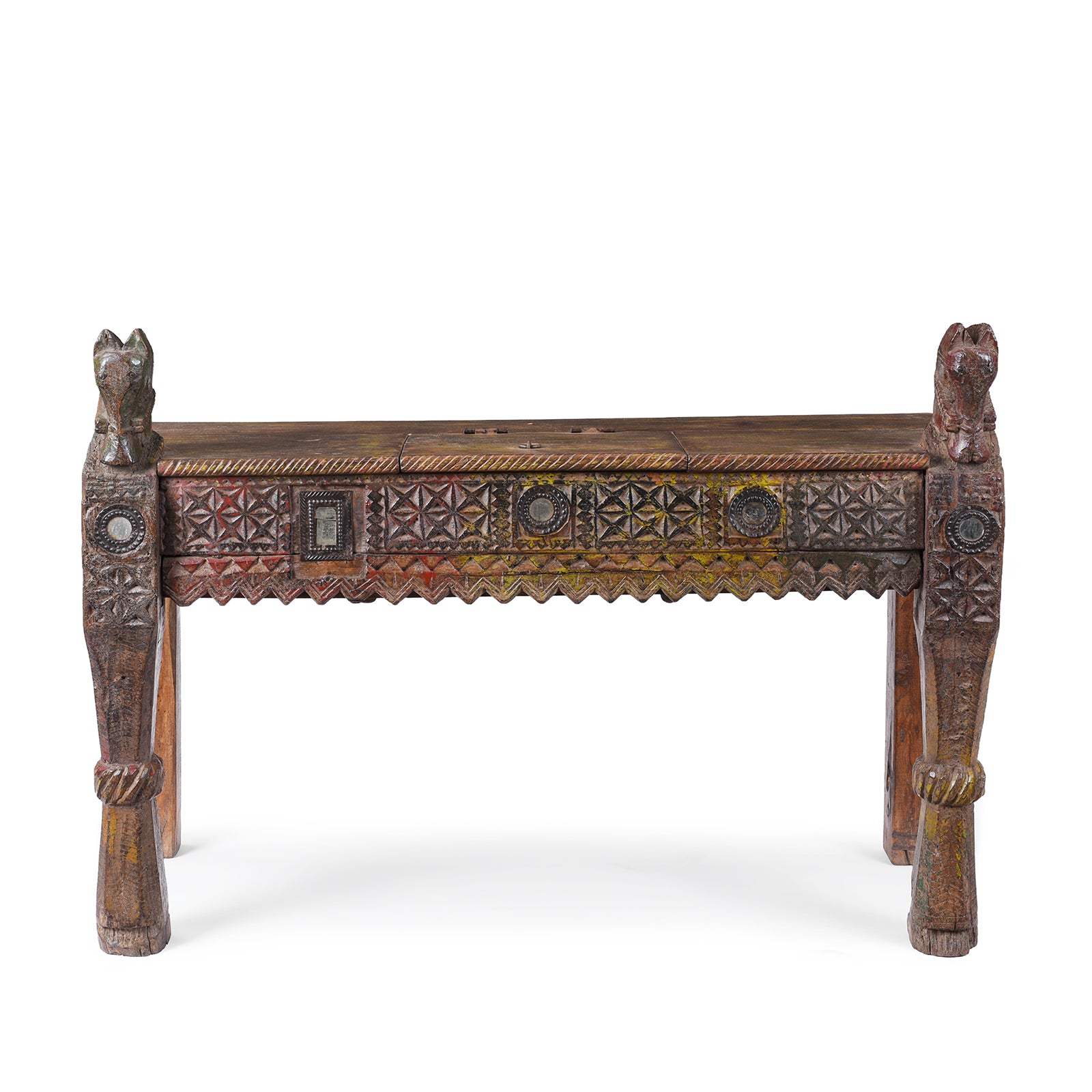 19th Century Kutch Parinda Table With Carved Horse Heads And Mirror Inlay